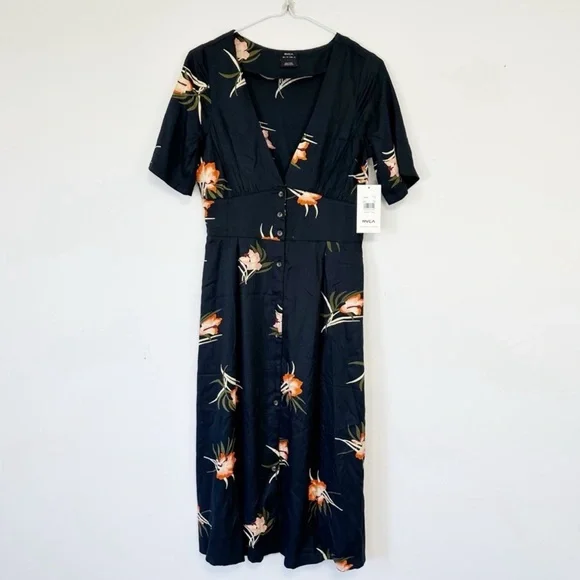 NWT RVCA Women Black Floral V-Neck Front Button Closure Midi Dress XS Whimsigoth - Picture 4 of 11